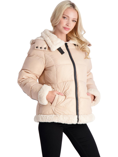 Jessica Simpson Womens Faux Fur Quilted Puffer Jacket In Beige
