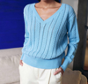 White + Warren Recycled Cotton Open Cable V-neck Sweater In Sky Blue In Blue