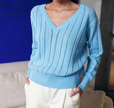 White + Warren Recycled Cotton Open Cable V-neck Sweater In Sky Blue
