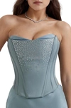 House Of Cb Nastassia Embellished Satin Corset In Cool Blue