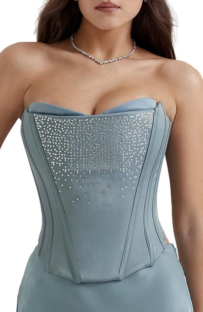 House Of Cb Nastassia Embellished Satin Corset In Cool Blue