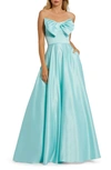 Mac Duggal Bow Detail Strapless A-line Gown In Aqua