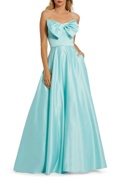 Mac Duggal Bow Detail Strapless A-line Gown In Aqua