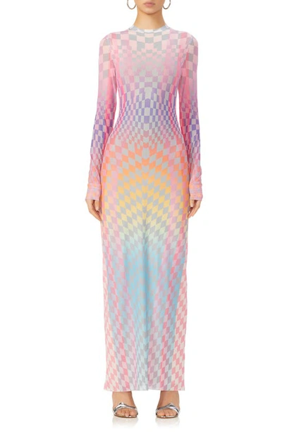 Afrm Didi Long Sleeve Mesh Maxi Dress In Grid Ombre