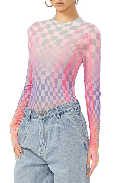 Afrm Kaylee Printed Mesh Top In Grid Ombre