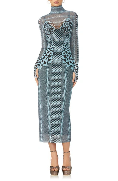 Afrm Shailene Turtleneck Long Sleeve Mesh Dress In Aqua Petals