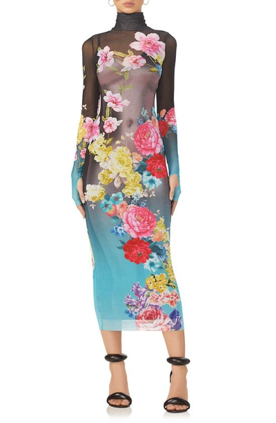 Afrm Shailene Mesh Turtleneck Dress In Aqua Rose Nude