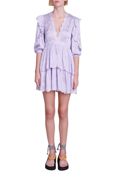 Maje Rilas Embroidered Ruffle Babydoll Minidress In Violets