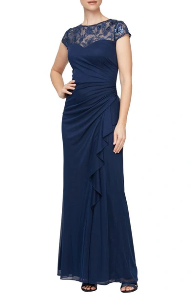 Alex Evenings Sequin Floral Mixed Media A-line Gown In Navy