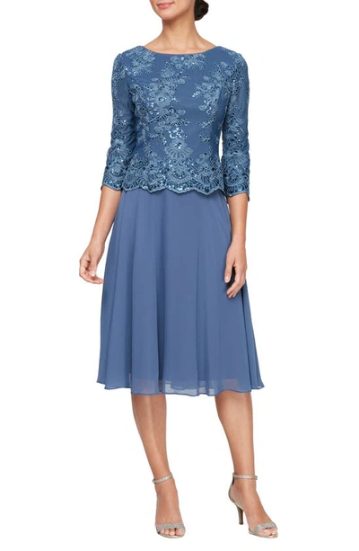 Alex Evenings Sequin Embroidery Mixed Media Cocktail Dress In Vintage Blue