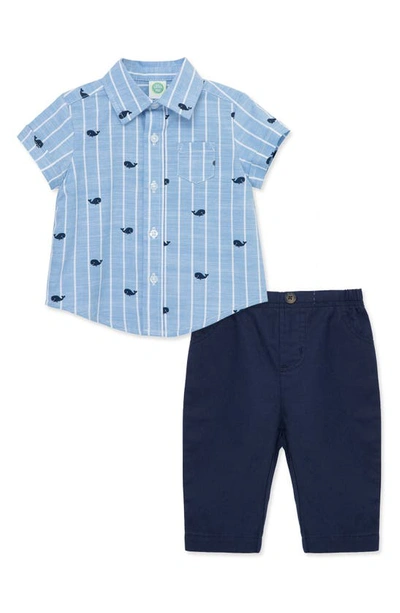 Little Me Babies' Whale Short Sleeve Button-up Shirt & Pants Set In Blue