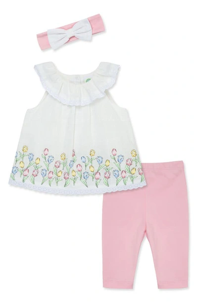 Little Me Girls' Bow Headband, Tulip Border Tunic & Leggings Set - Baby In Pink