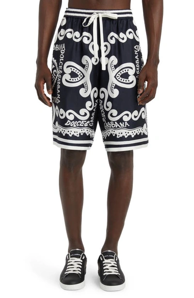 Dolce & Gabbana Blackwhite Marina Print Silk Shorts In Marina Blue