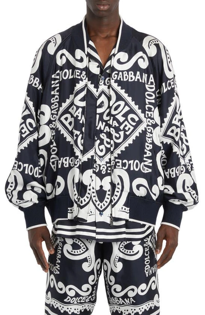 Dolce & Gabbana Oversize Marina Print Silk Twill Bomber Jacket In Hb4xr Dg Marina F.blu