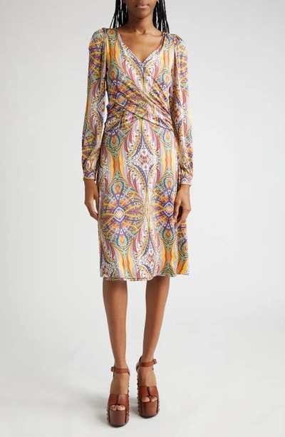 Etro Kaleidoscope Long-sleeve Draped Jersey Midi Dress In Print On White Ba