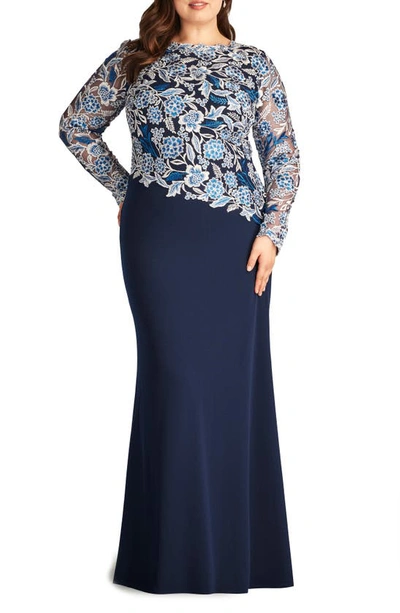 Tadashi Shoji Embroidered Long Sleeve Gown In Pacific Blue