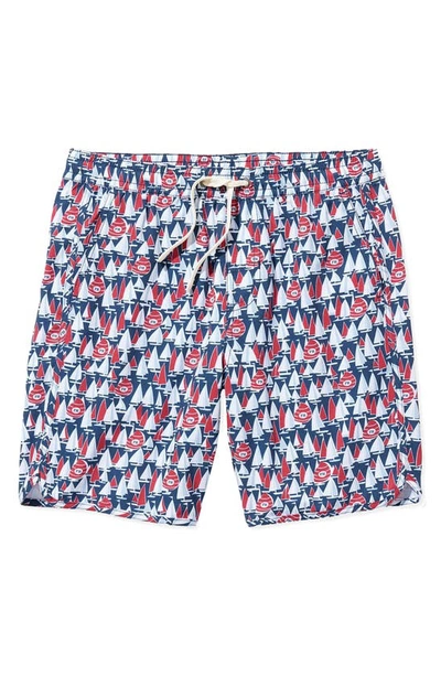 Fair Harbor Kids' Anchor Sailboat Print Water Repellent Swim Trunks In Navy Sailboats