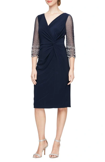 Alex Evenings Beaded Jersey Cocktail Dress In Dark Navy