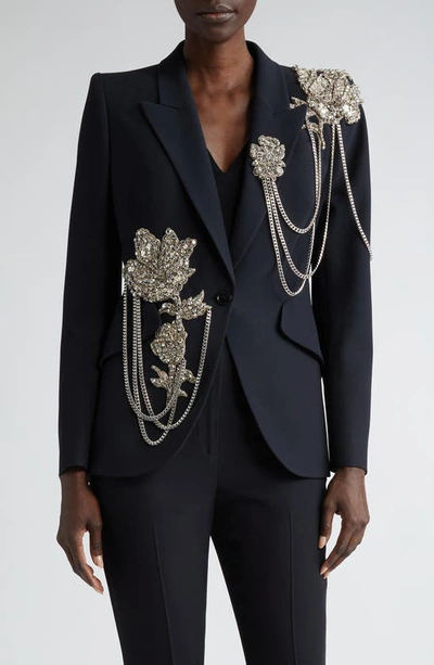 Alexander Mcqueen Peak Shlouder Blazer Jacket With Floral Crystal Chain Detail In Black