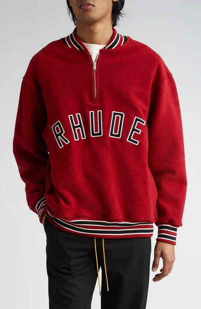 Rhude Logo Patch Quarter Zip Varsity Pullover In Red
