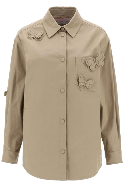 Valentino Stretch Cotton Canvas Overshirt With High Reliefs In Khaki