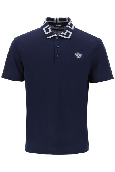 Versace Polo Shirt In Blue,silver