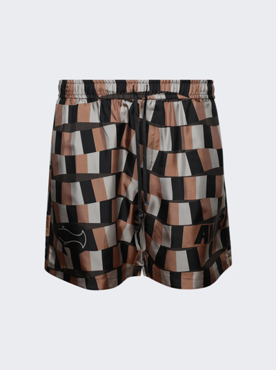 Amiri Snake Checkerboard Silk Shorts In Brown
