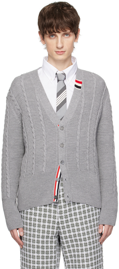 Thom Browne Gray Cable Knit Cardigan In 055 Lt Grey