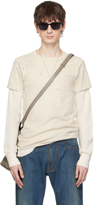 Maison Margiela Distressed Cotton Jersey T-shirt In Ecru