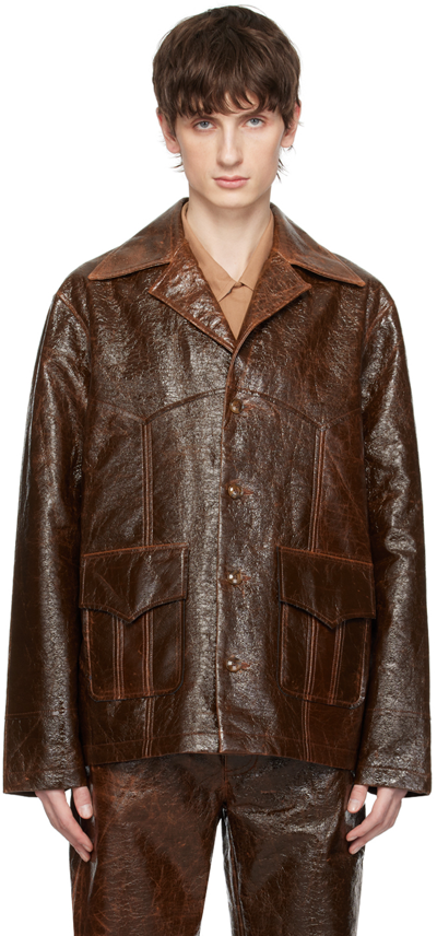 Séfr Oversized Collar Patent Jacket In Brown