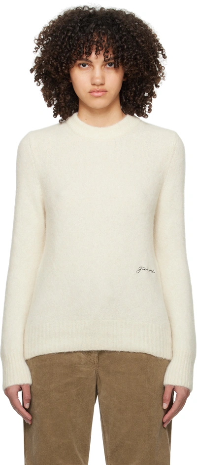 Ganni Womens Egret Logo-embroidered Round-neck Alpaca-blend Jumper In White