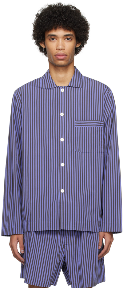 Tekla Blue & Brown Long Sleeve Pyjama Shirt In Verneuil Stripes