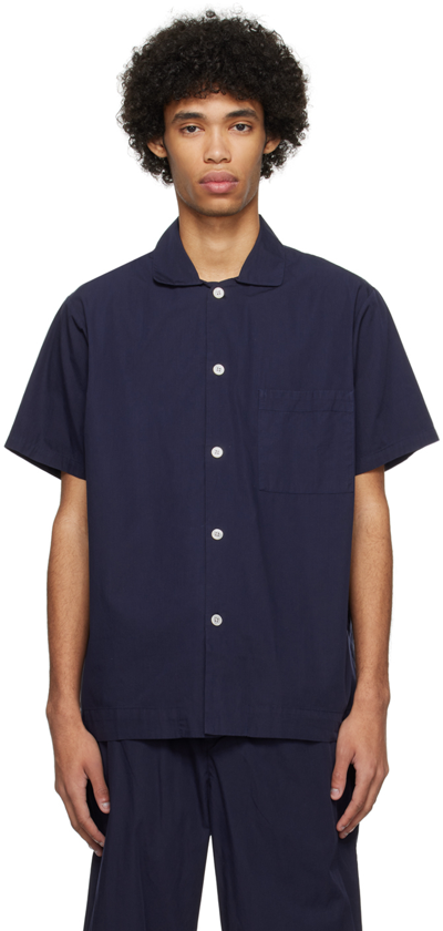 Tekla Navy Short Sleeve Pyjama Shirt In True Navy