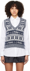 Ganni Wool-blend Logo Sweater Vest In 683 Sky Captain