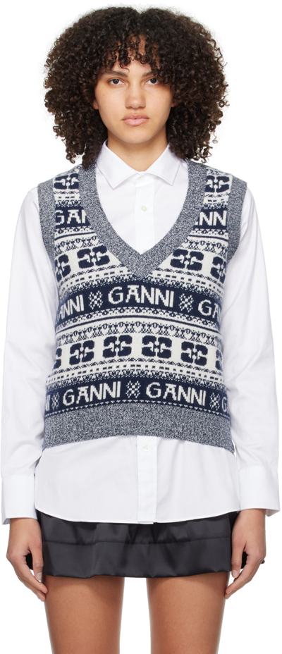 Ganni Wool-blend Logo Sweater Vest In Sky Captain