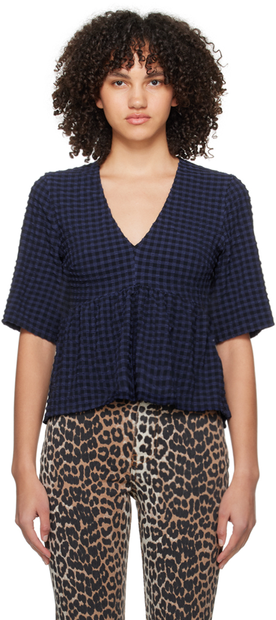 Ganni Blue & Black V-neck Blouse In 081 Deep Cobalt