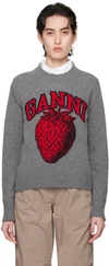 Ganni Strawberry Logo Wool Blend Sweater In 523 Frost Gray