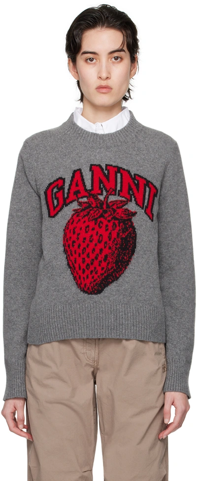 Ganni Graphic Strawberry O-neck Pullover In Grey