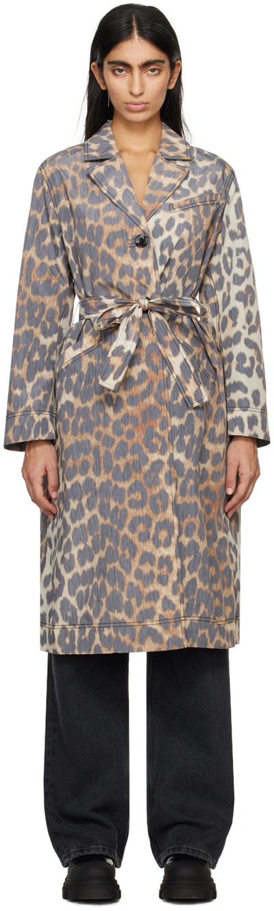 Ganni Trench Coat In Leopard Faille In Multicolor