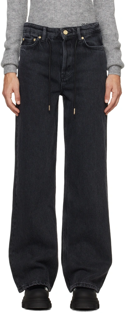 Ganni Izey Drawstring Organic-cotton Jeans In 006 Washed Black
