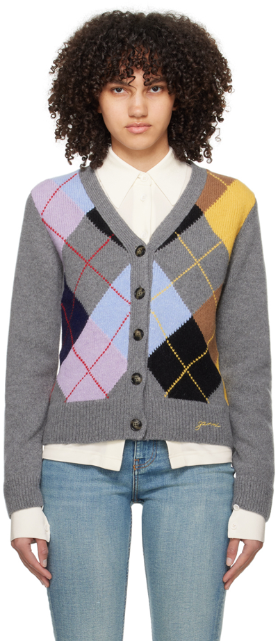 Ganni Harlequin Wool Blend Knit Cardigan In Frost Gray
