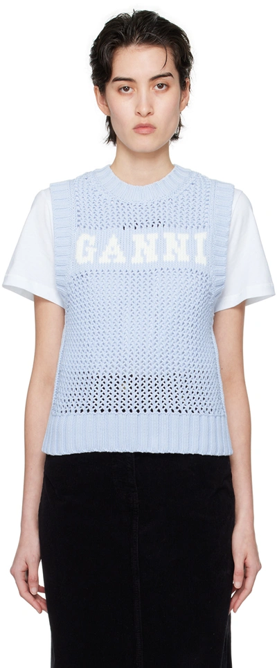 Ganni Intarsia-knit Logo-organic-cotton Vest In Light Blue