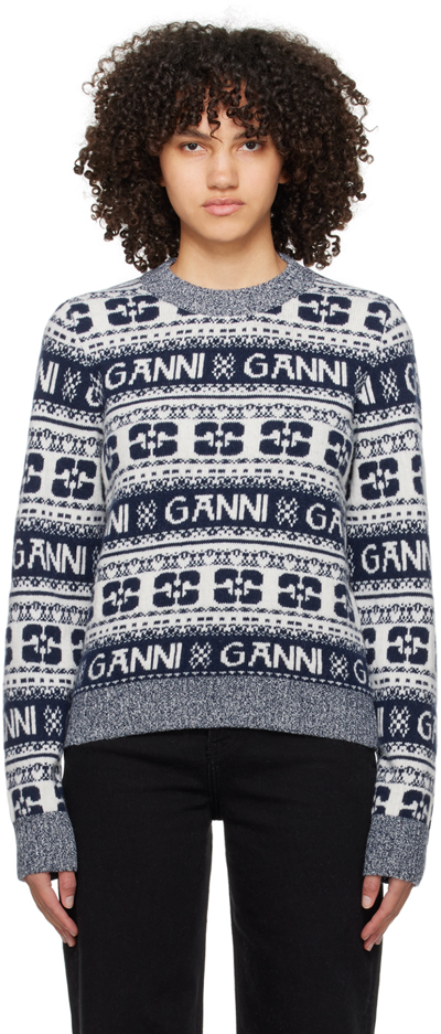 Ganni Blue Logo-print Wool Sweater In Multi-colored