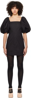 Ganni Cotton Poplin Puff Sleeve Mini Dress In 099 Black