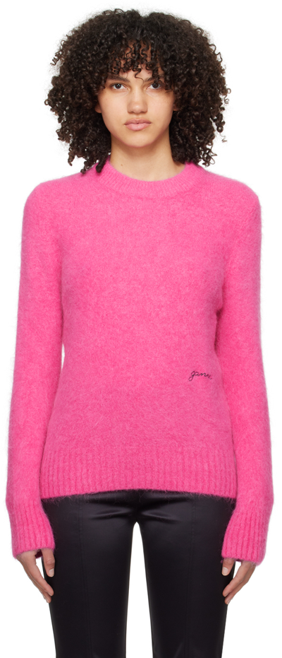 Ganni Embroidered Brushed Alpaca-blend Sweater In Pink