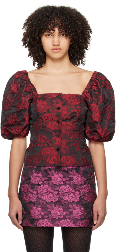 Ganni Red Botanical Jacquard Fitted Blouse In Mixed Colours