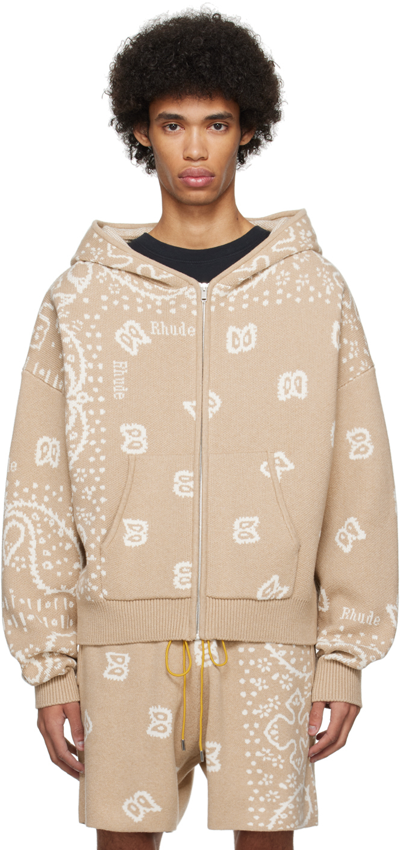 Rhude Beige Bandana Knit Hoodie In Tan/cream