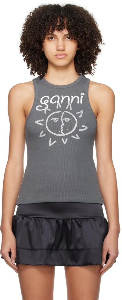 Ganni Tanktop Aus Baumwollmischung Mit Sonnengrafik In Grey