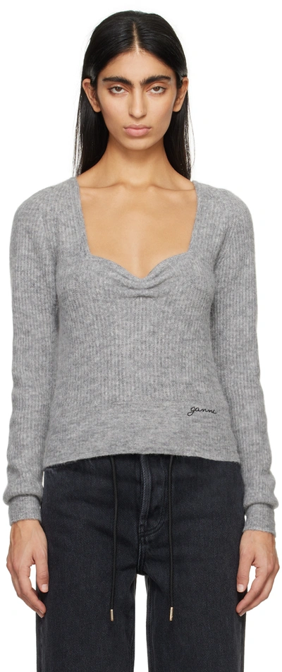 Ganni Gray Sweetheart Neck Sweater In 921 Paloma Melange