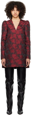 Ganni Botanical-print Jacquard Long-sleeve Minidress In 472 High Risk Red